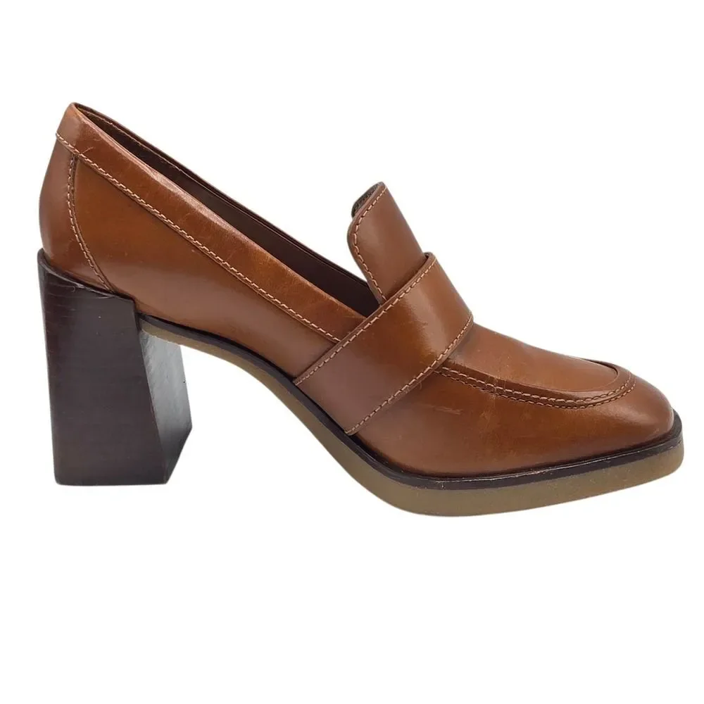Vince Camuto Women's Cognac Pumps Ezerna Slip On Leather Heeled Loafers Size‎ 8M
